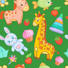 Fototapeta na wymiar Baby toys seamless pattern vector animal background.