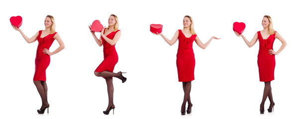 Red dress woman holding gift box isolated on white