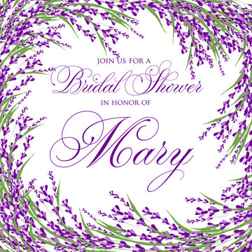 Bridal Shower invitation card with vintage watercolor lavender. Watercolor.Vector illustration. Illustration for greeting cards, invitations, and other printing projects.