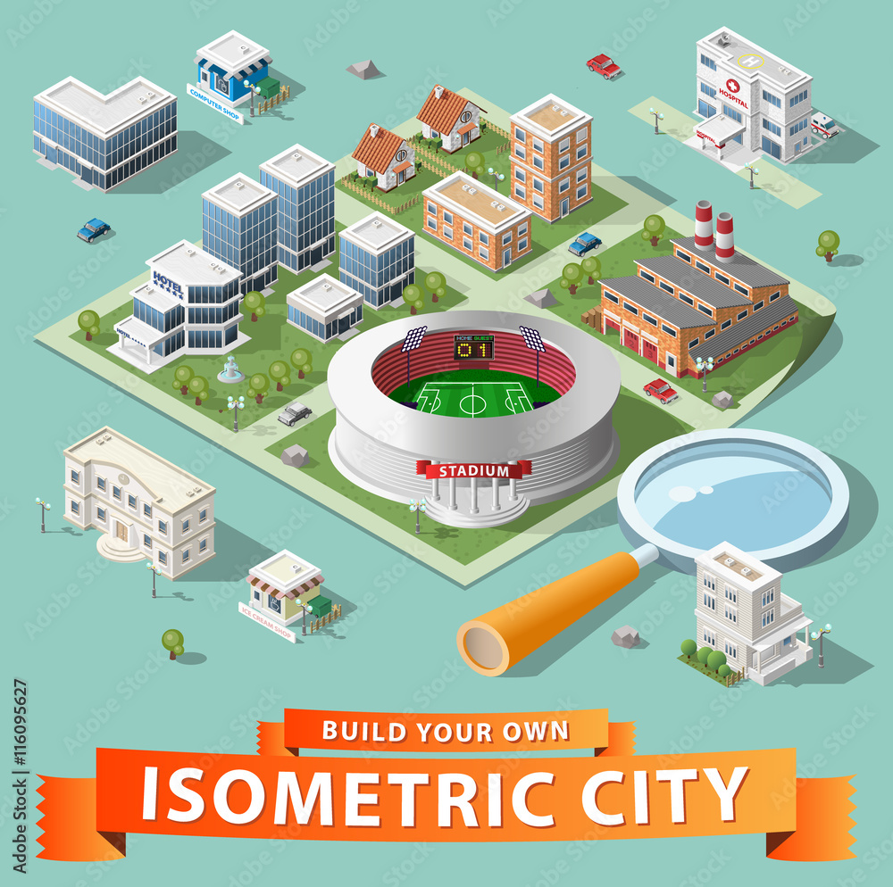 Poster build your own isometric city. vector elements.