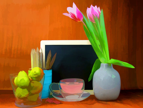 A board with pears and a vase of Tulips and a cup of tea still life