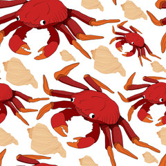 Seamless sea patter with crabs and shells.Vector colorful print.Summer textile texture