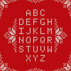 Knitted Latin Alphabet on Seamless Background. Nordic Fair Isle Knitting Sweater Design. Christmas Font on Vector Knitted Texture