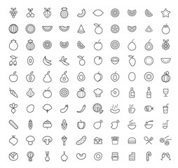 Set of 100 Isolated Minimal Modern Simple Elegant Black Icons ( Fruits , Vegetables and other Food ).