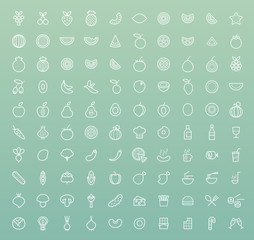 Set of 100 Minimal Universal Modern Elegant White Thin Line Icons ( Fruits , Vegetables and other Food ) on Color Background.