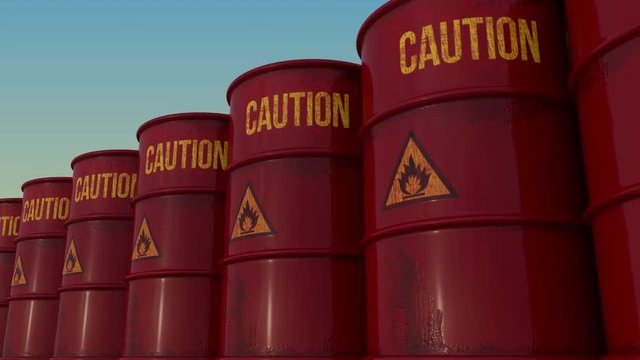 Row of red barrels with flammable content. 4K seamless loopable animation, ProRes