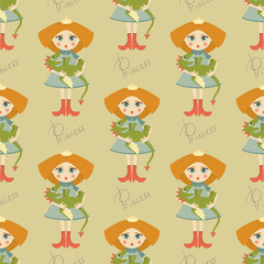 Seamless pattern. Cute princess with red hair holds a small dragon