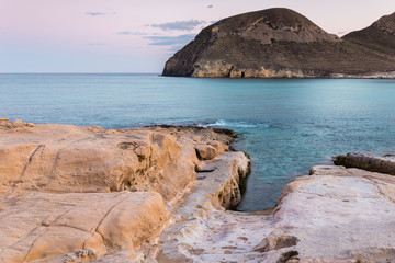 Sunset in the Playazo de Rodalquilar. Natural Park of Cabo de Gata. Spain.