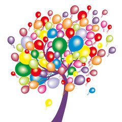 Funny tree with colorful balloons promoting positive energy