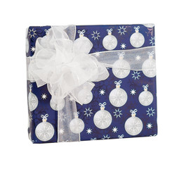 Blue paper wrap white christmas baubles balls gift box silk ribbon bow isolated