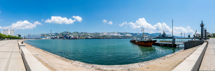 Panoramic view of Tsemes bay, port and sea-front in Novorossiysk, Russia. The inscription on the...
