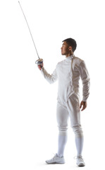 Fencing athlete wins the competition isolated in white background