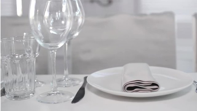 Pan View of Luxury Restaurant Table Setting. Beautiful Wedding Table