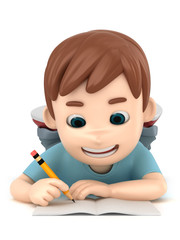 3d illustration of a boy writing while laying on the floor