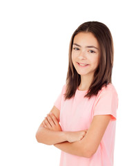Obraz premium Pensive pretty preteenager girl with pink t-shirt