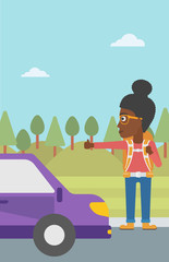 Young woman hitchhiking vector illustration.