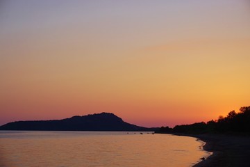 Sunset over the Bay of Navarino in Gialova in Messenia, Greece
