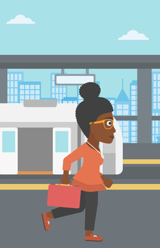 Woman at the train station vector illustration.