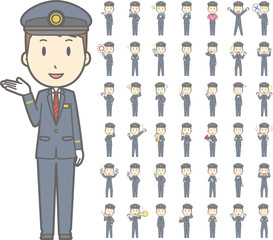 若い駅員男性vol.1（案内・指差し・笑顔など, 様々な表情やポーズのイラストをセット）