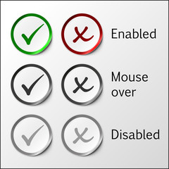 Set of round yes and no check marks stickers with peeled off corner and shadow. For web buttons usage (enabled, disabled and mouse over options). Cut out frames for easier usage are included. EPS 10.