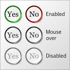 Set of round yes and no stickers with peeled off corner and shadow. For web buttons usage (enabled, disabled and mouse over options). Cut out frames for easier usage are included. EPS 10.