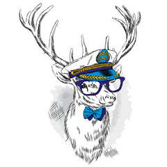 Beautiful deer in the captain's cap, glasses and tie. Vector illustration for a card or poster. Print on clothes and accessories.