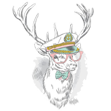 Beautiful deer in the captain's cap, glasses and tie. Vector illustration for a card or poster. Print on clothes and accessories.
