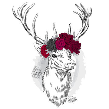 Beautiful deer in a wreath of flowers. Vector illustration for a card or poster. Print on clothes. Hipster.