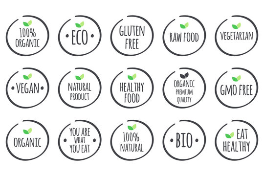 Vector symbols with leaves. 100% Organic, Eco, Gluten Free, Raw Food, Vegetarian, Vegan, Natural Product, Healthy Food, Premium Quality, Gmo Free, You are what you eat, Bio, Eat Healthy.