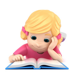 3d illustration of a girl reading while laying on the floor