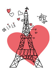 Eiffel tower poster. Hearts and cupid with arrow. Vector illustration. Love in France.