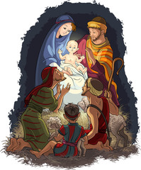 Nativity Scene with Jesus, Mary, Joseph and shepherds. Christian and Christmas theme