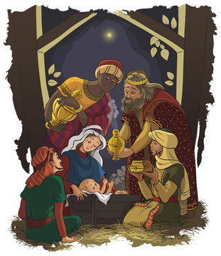 Nativity scene. Jesus, Mary, Joseph and the Three Kings - Three Wise Men in the manger