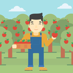 Farmer collecting apples vector illustration.