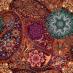 Paisley vintage floral motif ethnic seamless background. Abstract lace pattern. Ability to edit the colors, without losing seamlessly. Hand drawing colorful wallpaper. EPS8 vector texture.