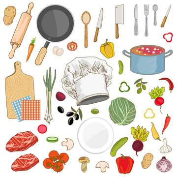 Food ingredients collection cap cook fresh vegetables cooking
