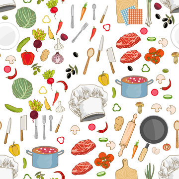 Food ingredients collection seamless pattern vector