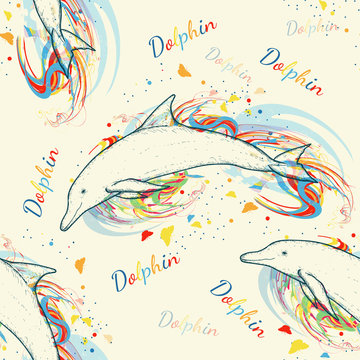 Dolphins seamless pattern hand drawn vector