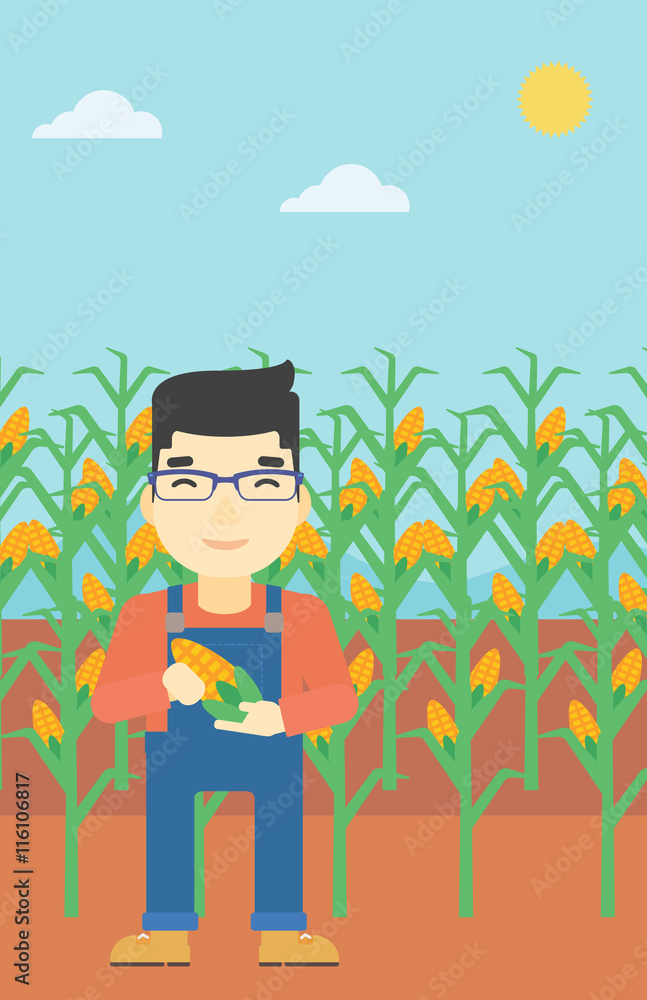 Poster farmer holding corn vector illustration.