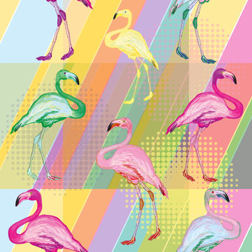 Colored flamingo seamless pattern