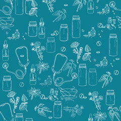 Herbal medicine seamless pattern hand drawn elements