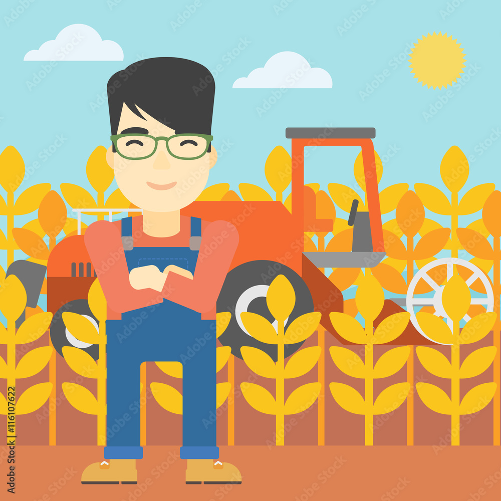 Poster man standing with combine on background.