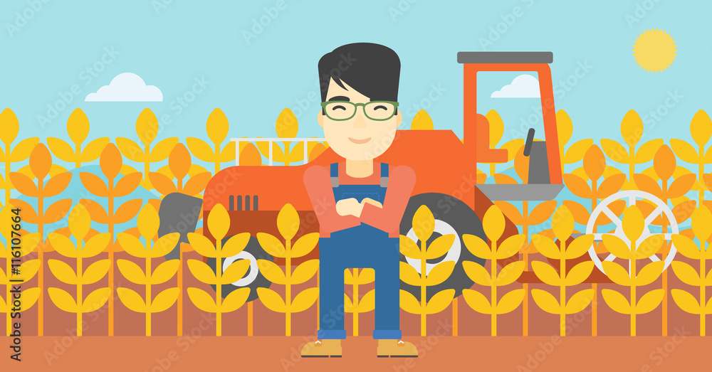 Poster man standing with combine on background.