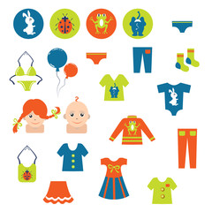 Set of modern children's clothes icon. Dress children. Vector.