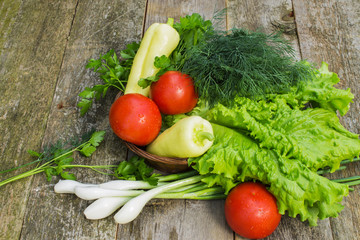 Tomatoes, yellow pepper, dill, parsley and shallots in a basket 