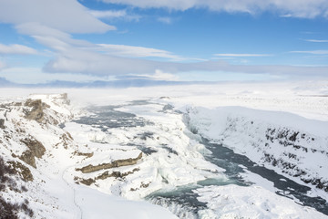 View of the frozen Gullfoss waterfall in winter. Iceland