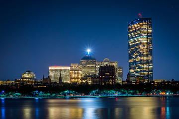 The Charles River and buildings in Bay Back at night, seen from