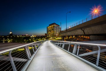 The North Bank Pedestrian Bridge  at night, in Cambridge, Massac