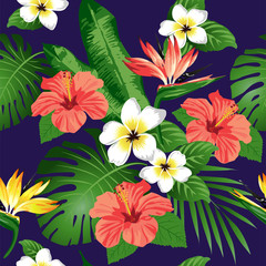 Tropical flowers and leaves on blue background. Seamless. Vector.