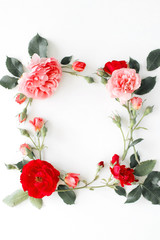 round frame wreath pattern with roses, pink flower buds, branches and leaves isolated on white background. flat lay, top view